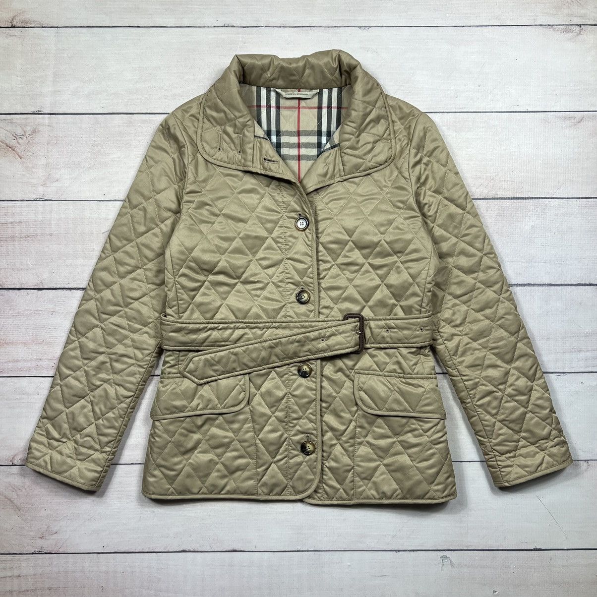 Burberry London Quilted Jacket Check Checkered Beige Belted