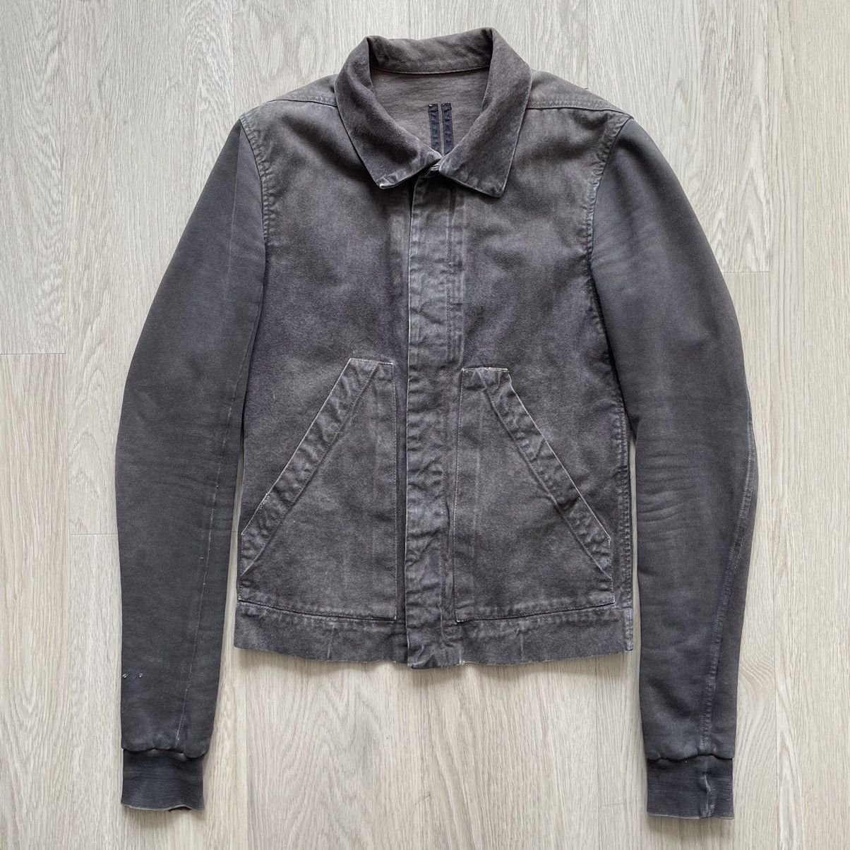 image of Rick Owens Denim Jacket With Sweater Sleeve And Carrying Strap in Dust, Men's (Size Small)