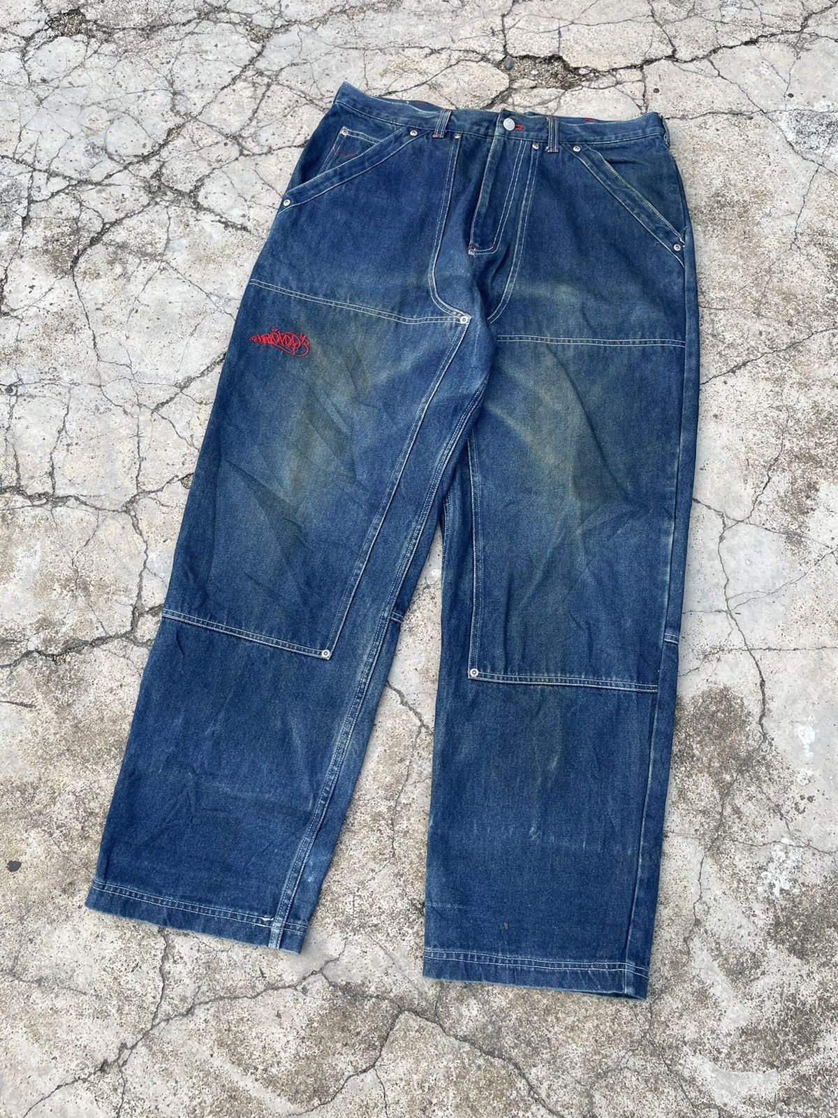 image of Vintage Japanese Double Knee Denim Pants Baggy Hip Hop in Blue, Men's (Size 36)