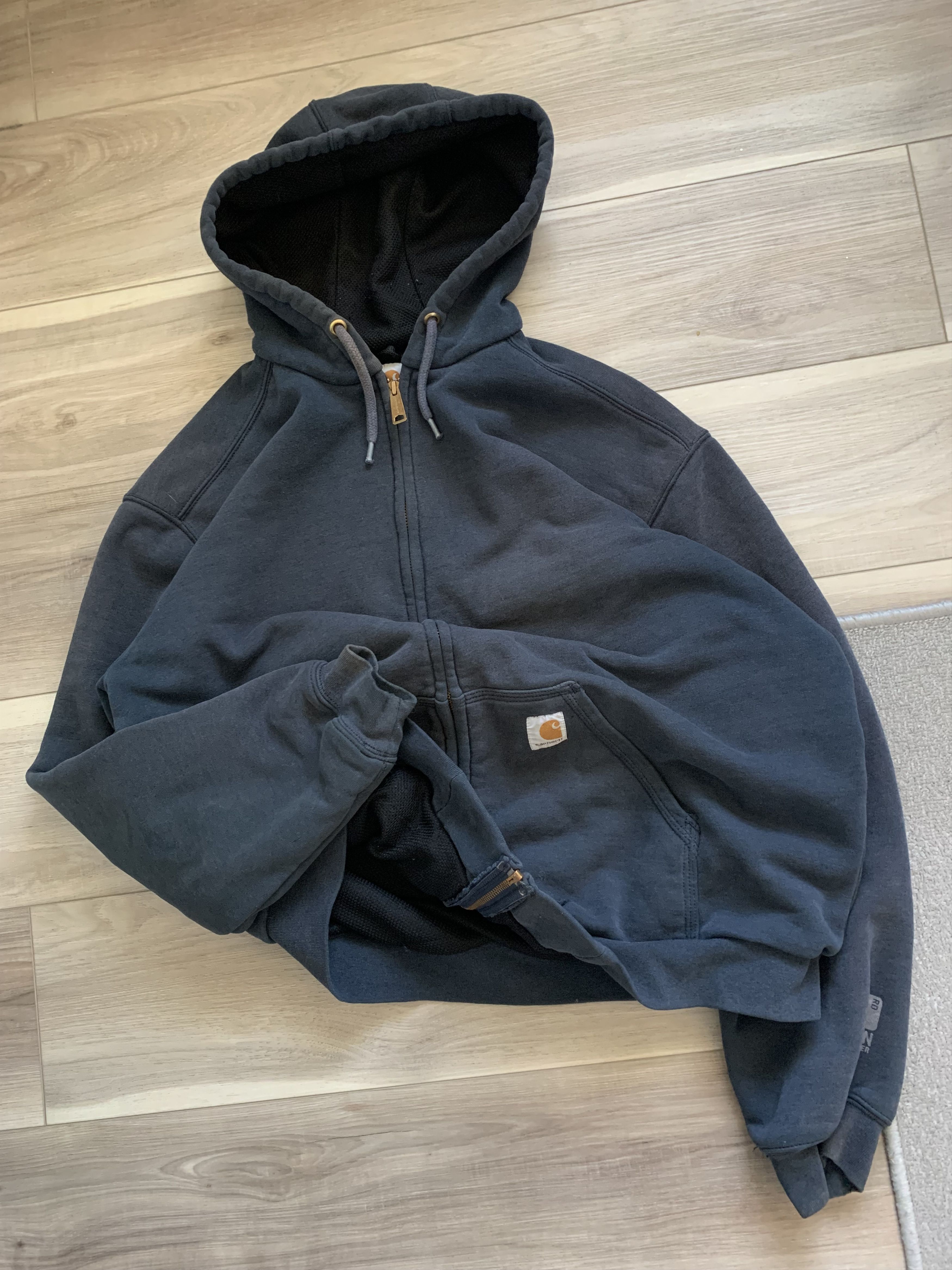 VTG CARHARTT THERMAL LINED FADED NAVY ZIP HOODIE LARGE
