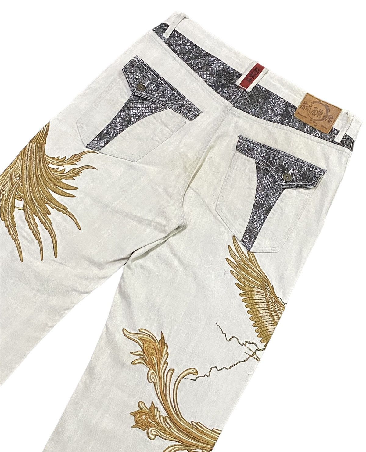 Japanese Brand Karakuri Tamashii Birds And Lightning Embroidery Denim Jeans Size US 36 / EU 52 - 21 Thumbnail