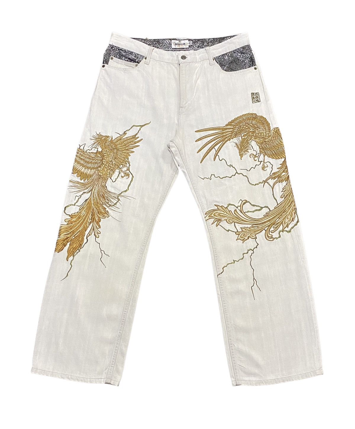 Japanese Brand Karakuri Tamashii Birds And Lightning Embroidery Denim Jeans Size US 36 / EU 52 - 2 Thumbnail