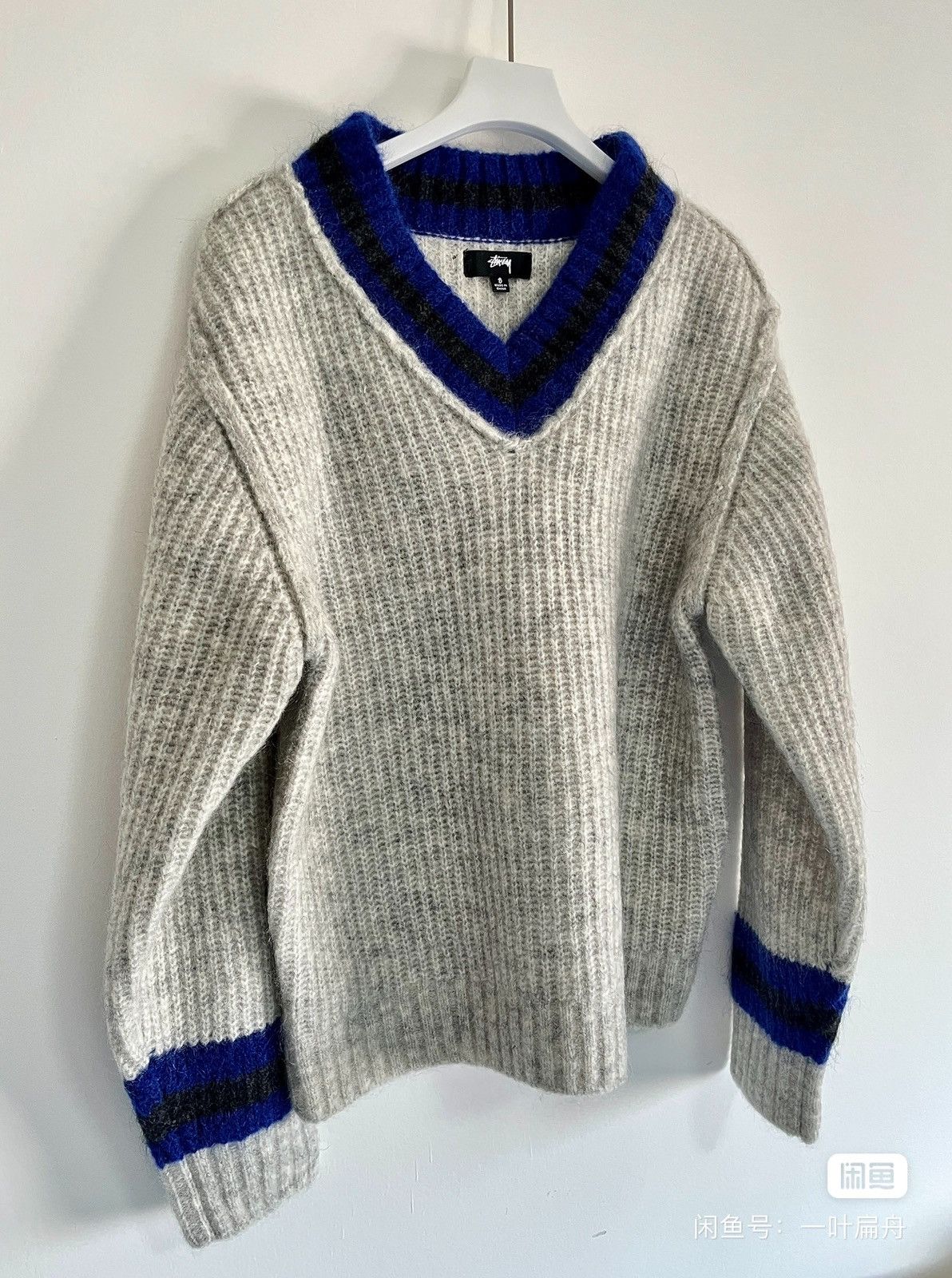 image of Stussy V Neck Sweater in Grey/Bule, Men's (Size Medium)