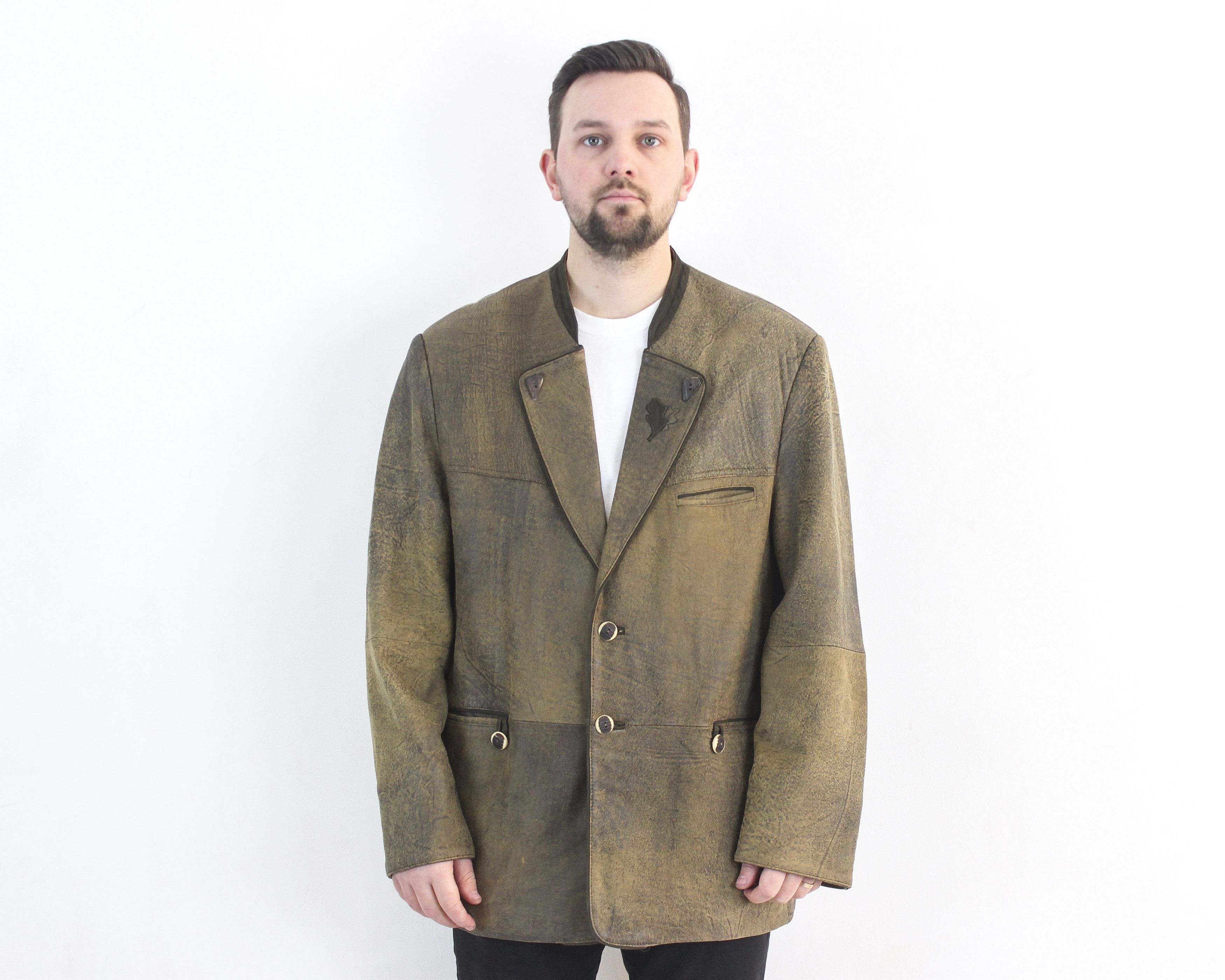 Leather Men Trachten Jacket EU 58 Suede Over Coat 3XL Blazer VTG Size 48R - 1 Thumbnail