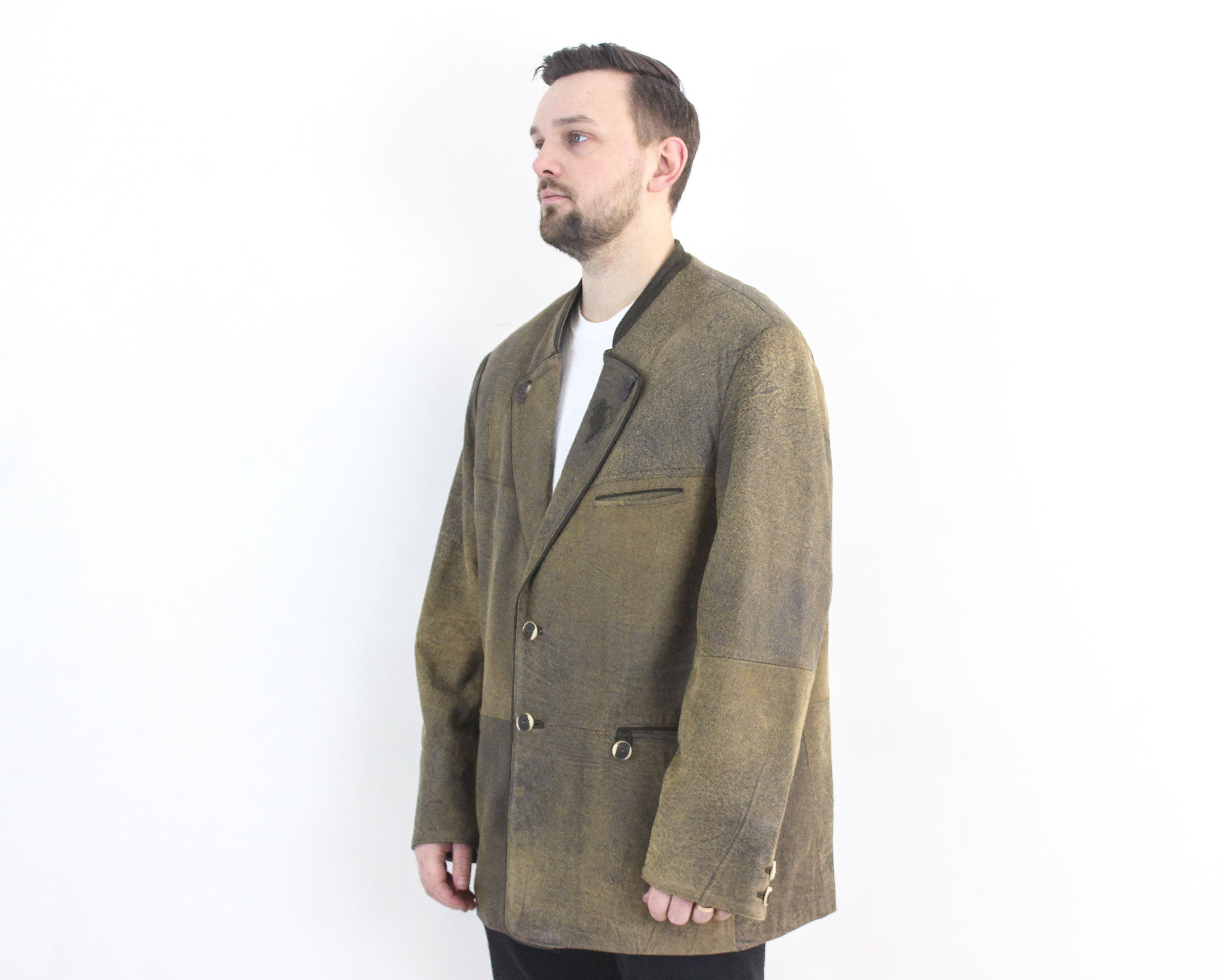 Leather Men Trachten Jacket EU 58 Suede Over Coat 3XL Blazer VTG Size 48R - 3 Thumbnail