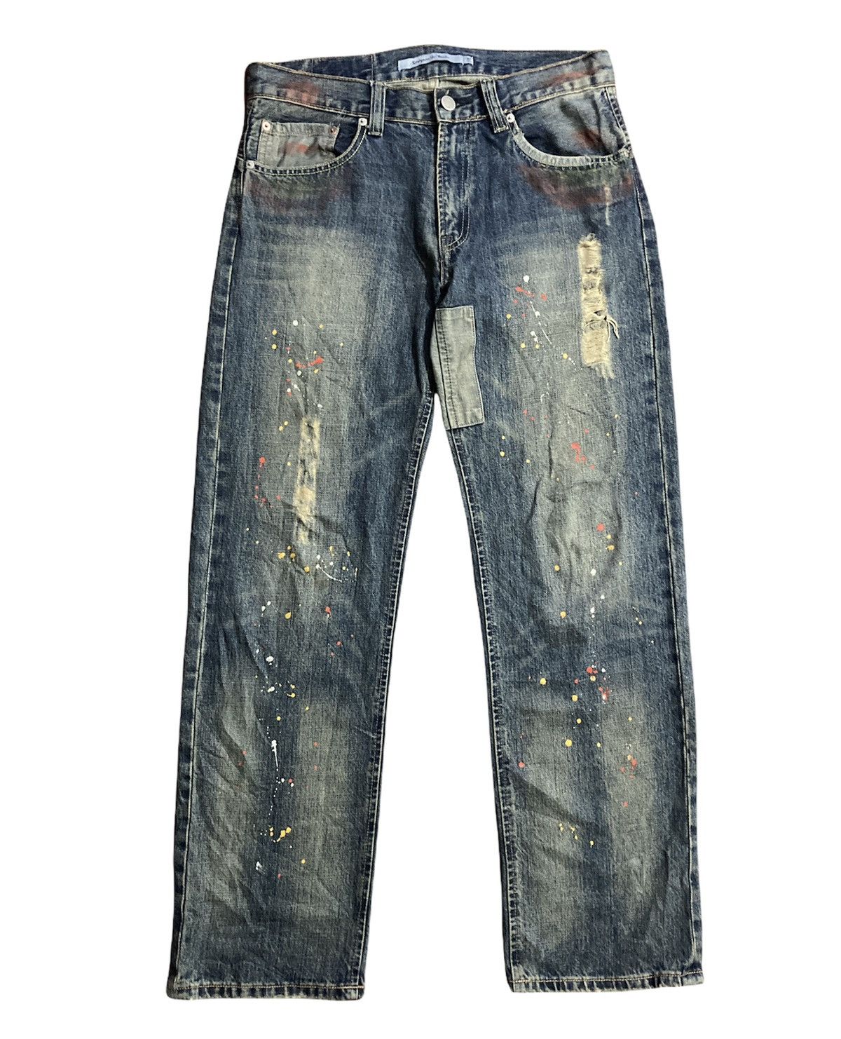 image of Distressed Denim Savignac De Denim Paint Splatter Patchwork Denim in Blue Distressed (Size 34)