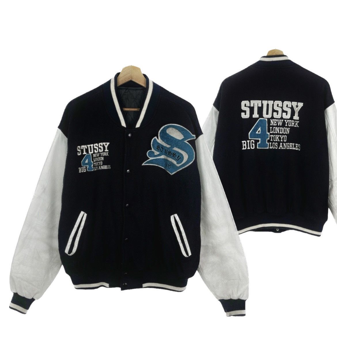 Vintage 1998 Stussy Big 4 Wool Leather Sleeve Varsity Jacket
