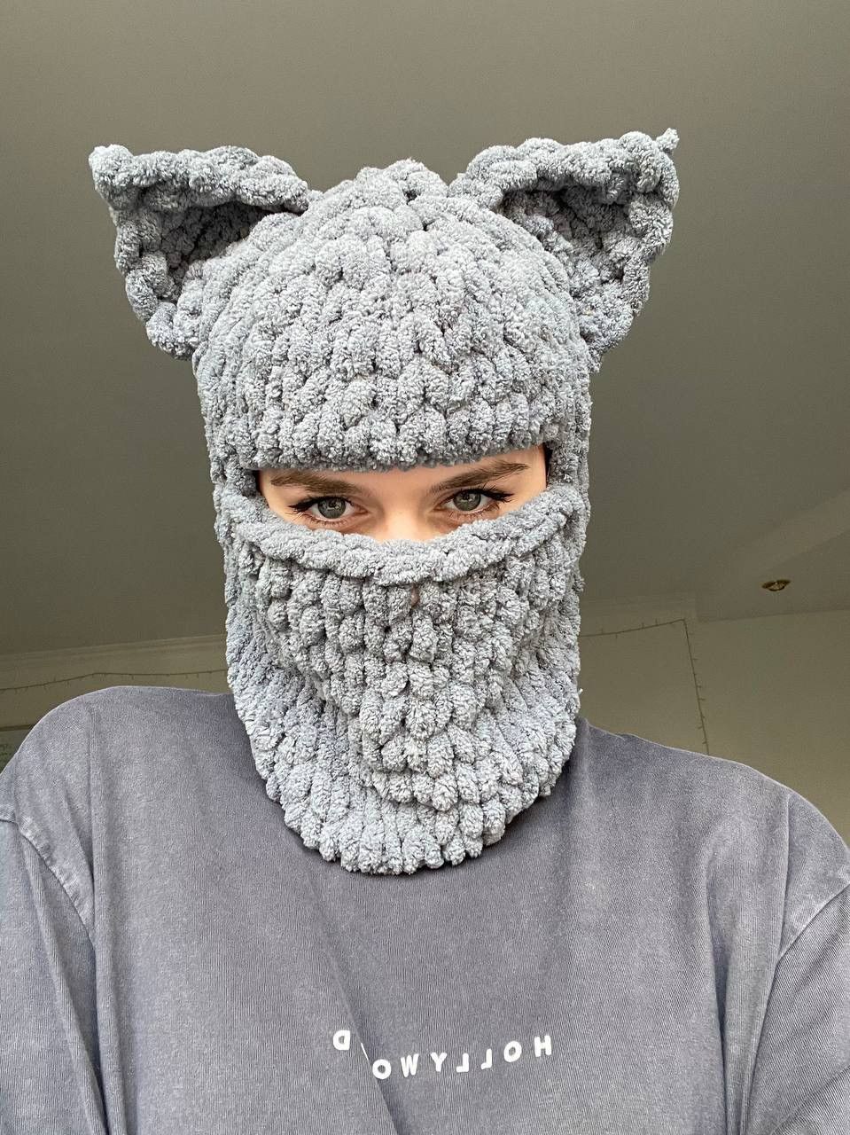 Handmade knitted balaclava/ski mask wolf/ cat style so soft