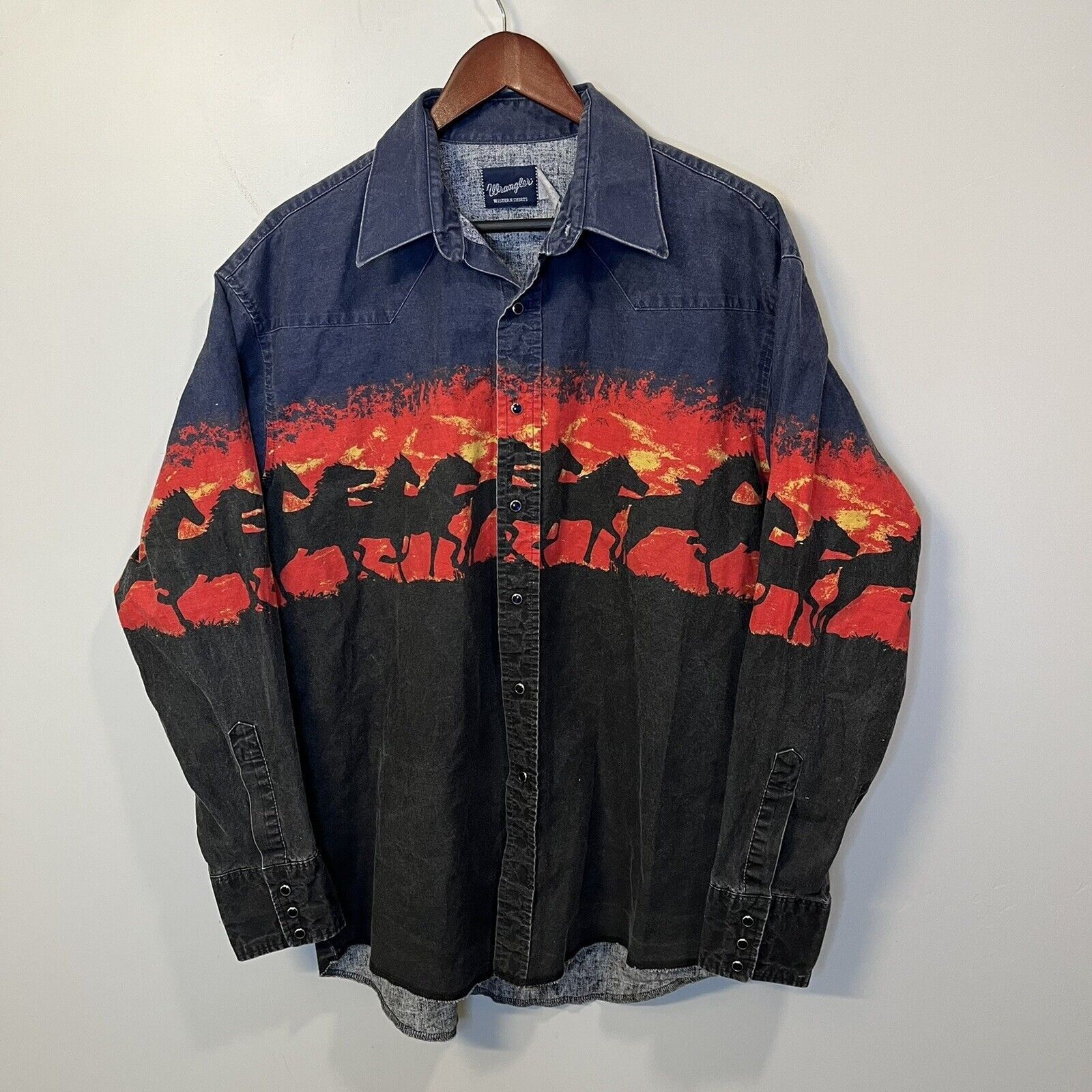 Vtg Wrangler Black Denim Pearl Snap Western Shirt Chimayo Native Embroidered XL main image 0