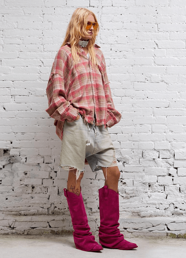 R13 R13 SHREDDED SEAM DROP NECK SHIRT OVERDYED LT PINK PLAID XS