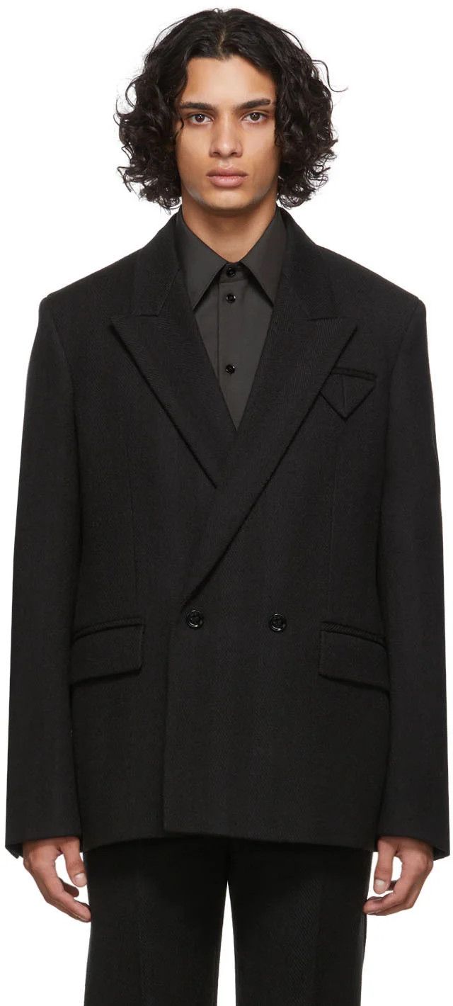 image of Bottega Veneta O1W1Db10323 Green Wool Chevron Blazer In Black, Men's (Size XL)