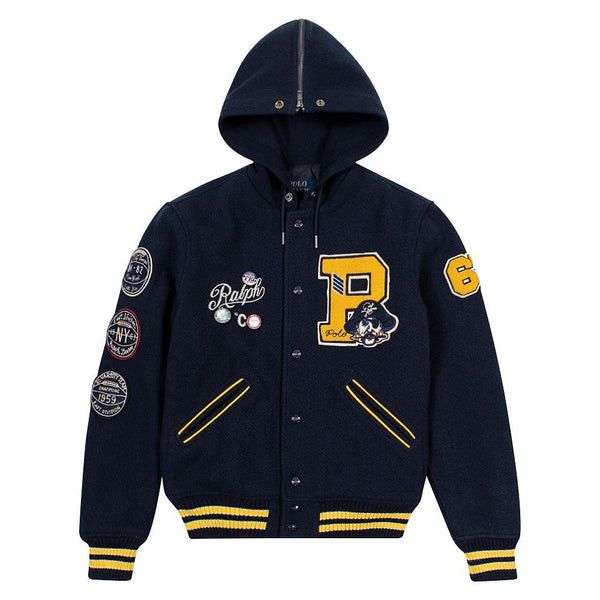 Image of Polo Ralph Laurent Navy Patch Hooded Letterman Jacket , Men's (Size 2XL)