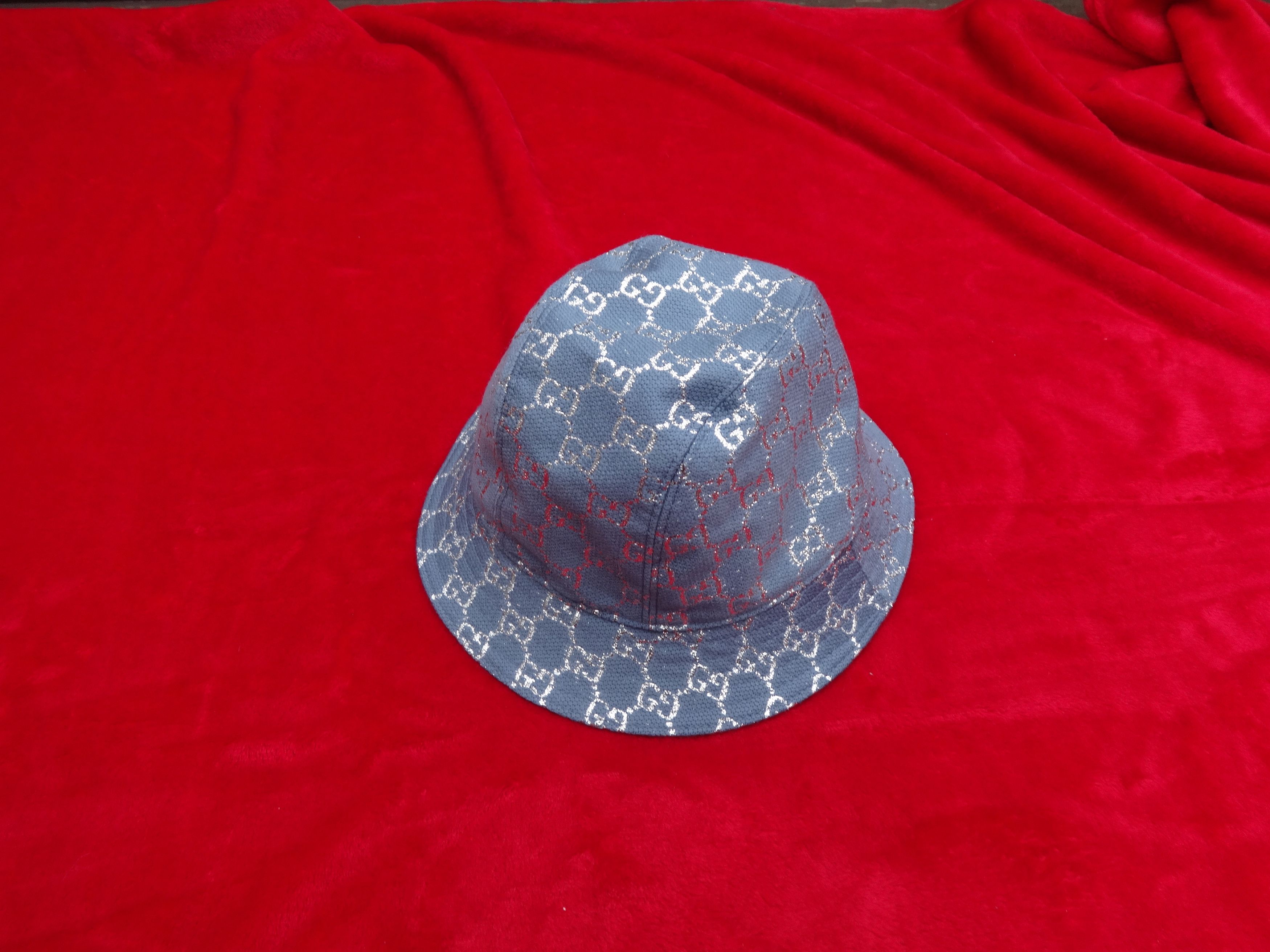 Gucci Gucci Bucket Hat Monogram Shiny Silver Blue Size L 