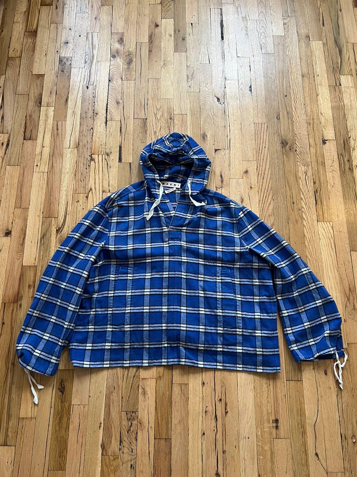 Pre-owned Marni Oversized Pullover Cotton Flannel Shirt With Hood In Blue Check