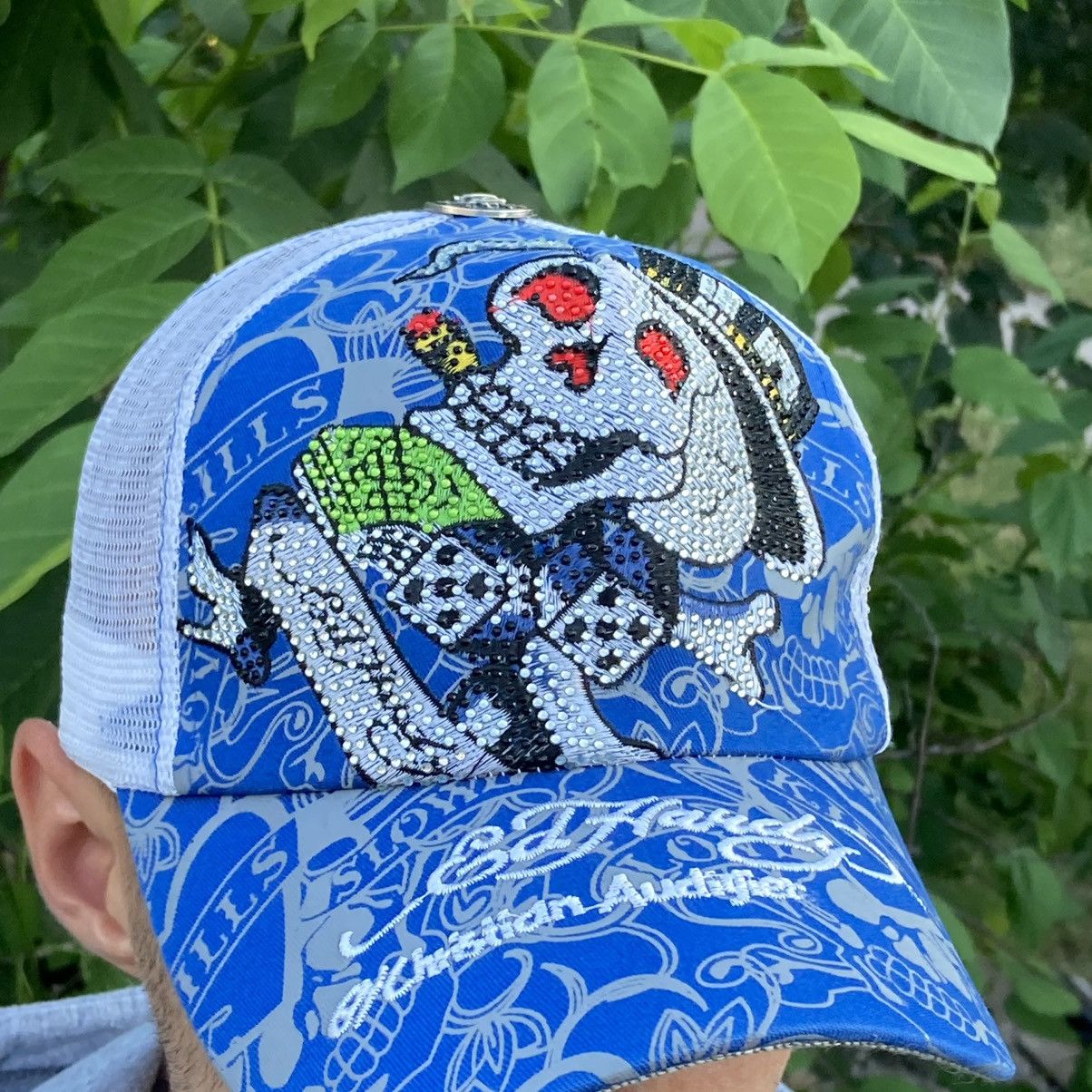 Christian Audigier × Ed Hardy NEW Ed Hardy rhinestones skulls blue trucker cap Size ONE SIZE - 4 Thumbnail