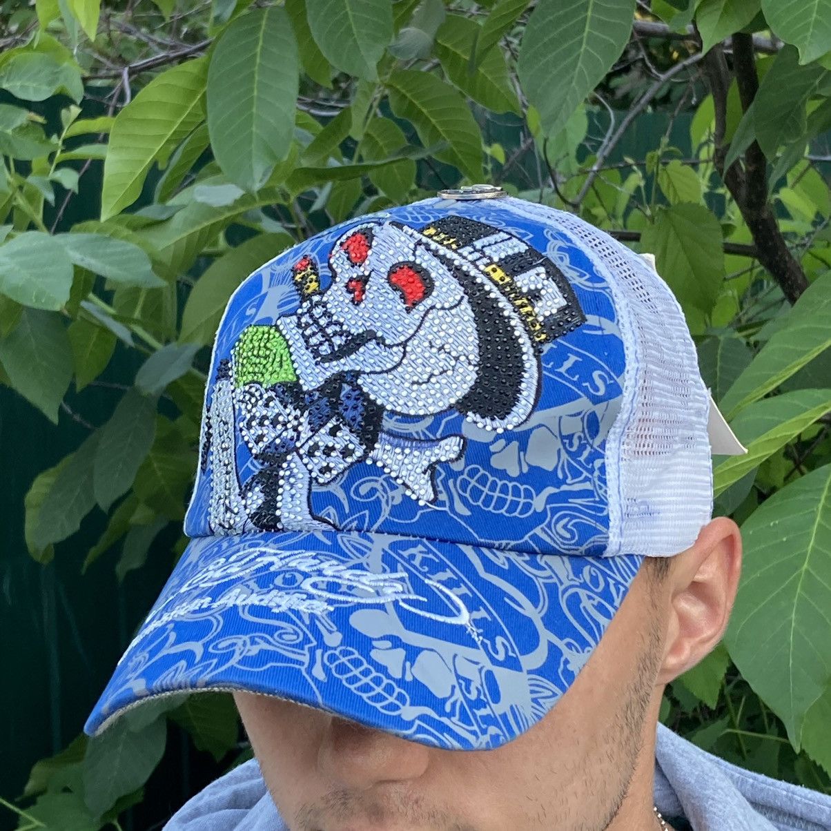 Christian Audigier × Ed Hardy NEW Ed Hardy rhinestones skulls blue trucker cap Size ONE SIZE - 2 Thumbnail