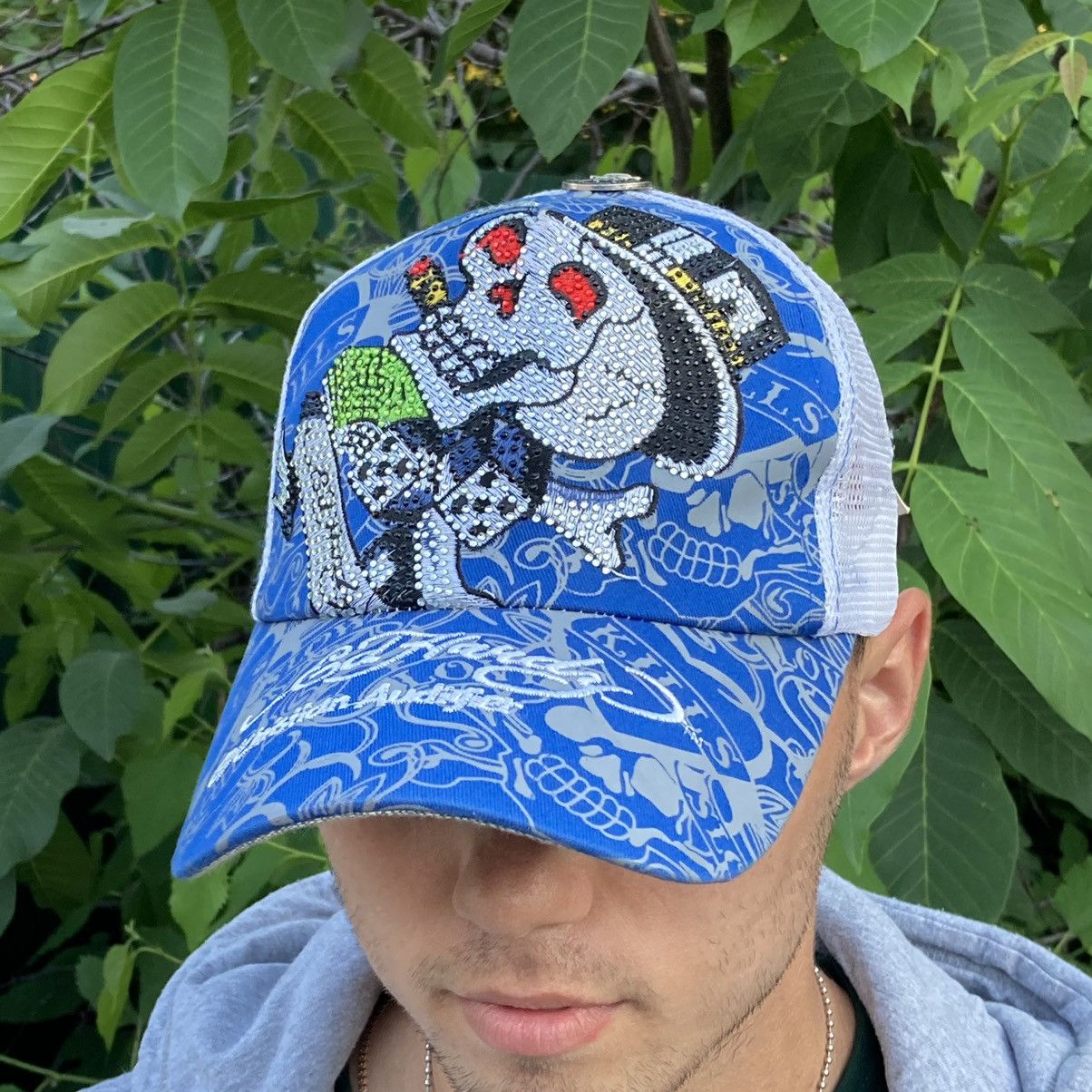 Christian Audigier × Ed Hardy NEW Ed Hardy rhinestones skulls blue trucker cap Size ONE SIZE - 1 Thumbnail