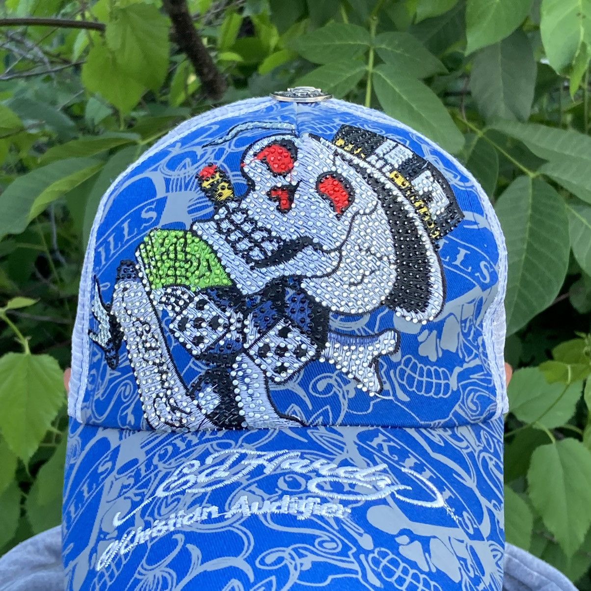 Christian Audigier × Ed Hardy NEW Ed Hardy rhinestones skulls blue trucker cap Size ONE SIZE - 3 Thumbnail
