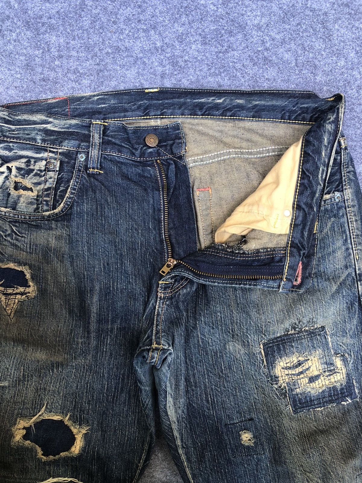 Edwin Last Drop🔥Rare🔥 Edwin Distressed Patchwork Denim Jeans Size US 38 / EU 54 - 5 Thumbnail