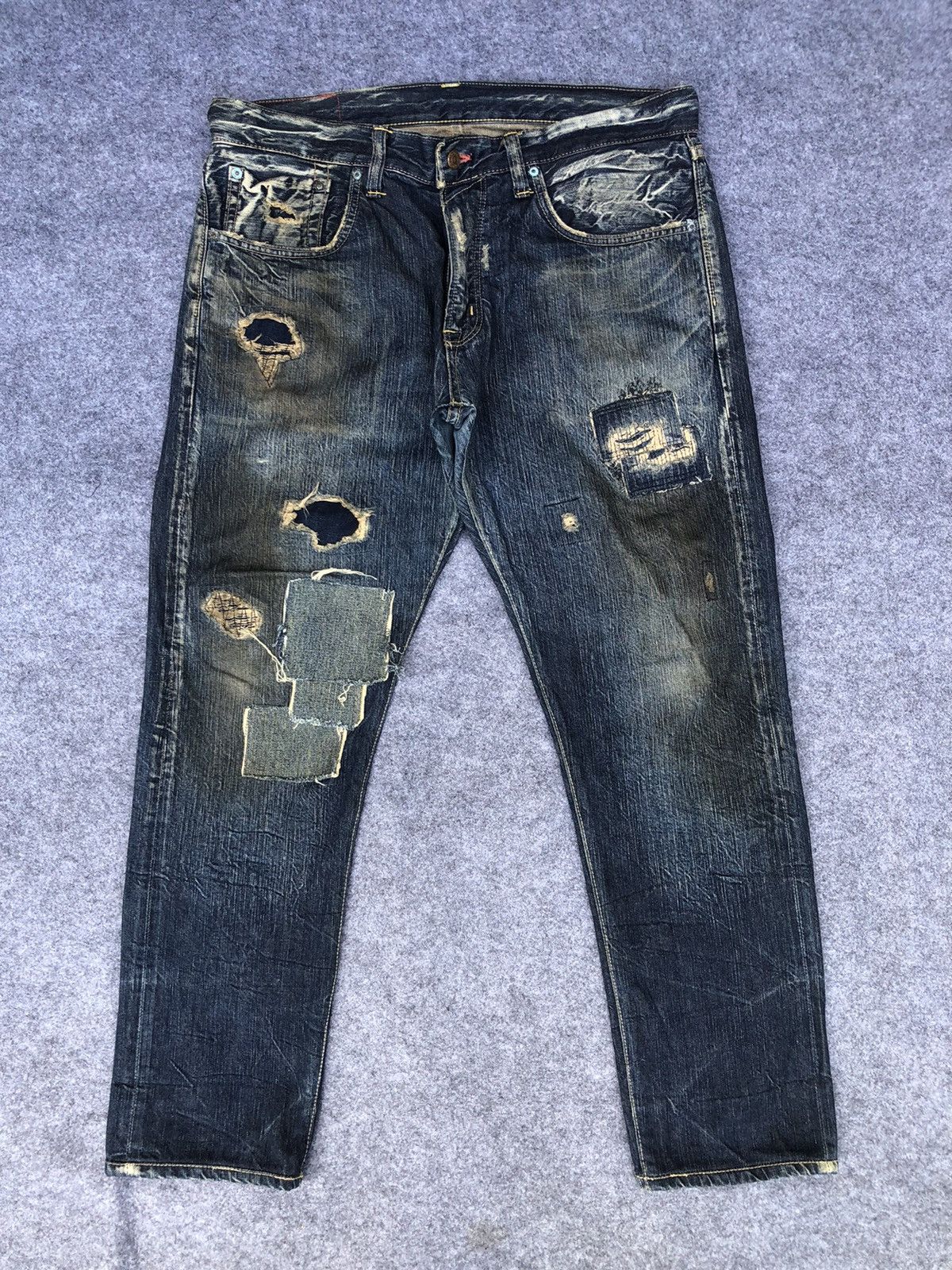 Edwin Last Drop🔥Rare🔥 Edwin Distressed Patchwork Denim Jeans Size US 38 / EU 54 - 1 Thumbnail