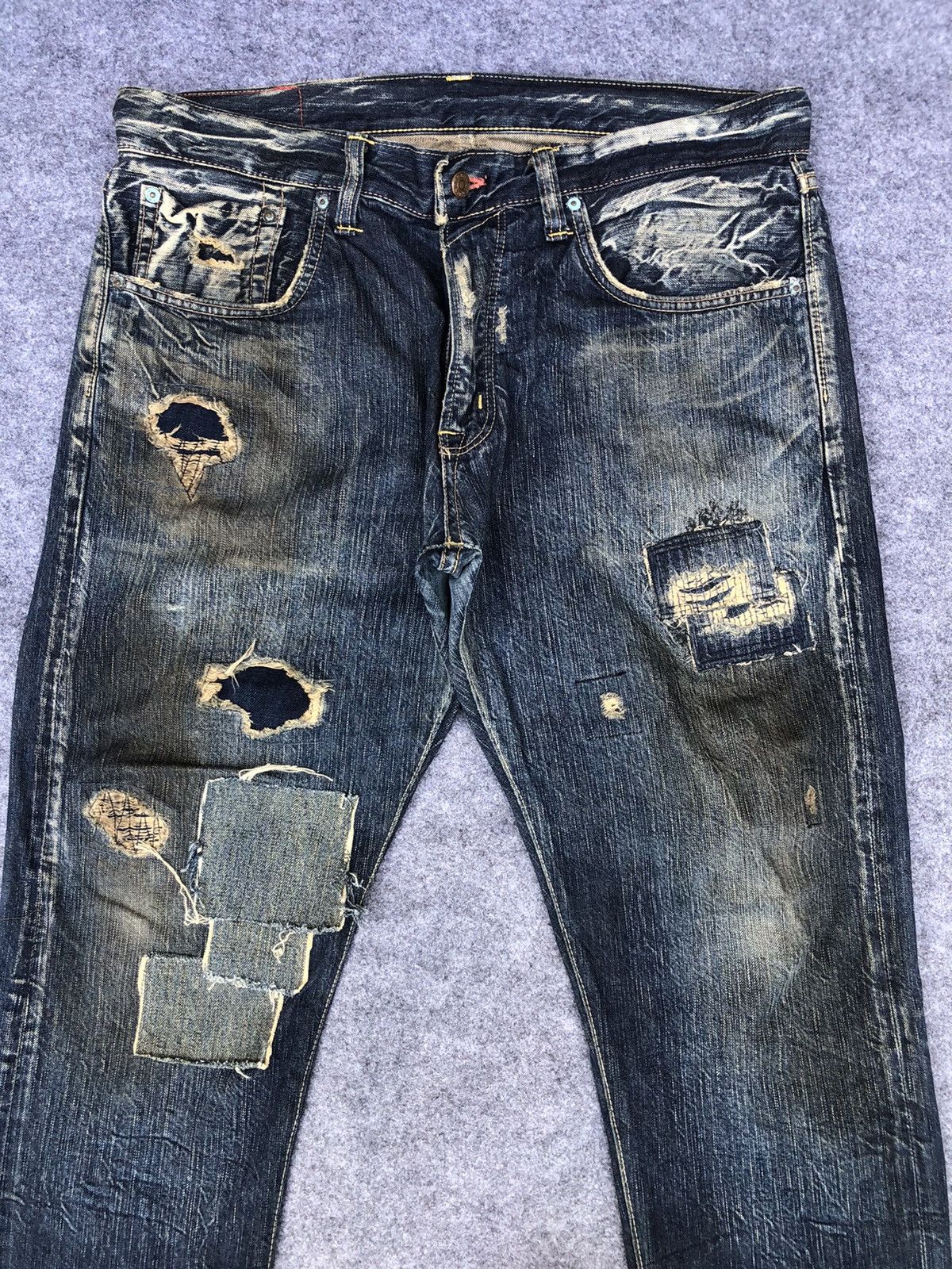Edwin Last Drop🔥Rare🔥 Edwin Distressed Patchwork Denim Jeans Size US 38 / EU 54 - 3 Thumbnail