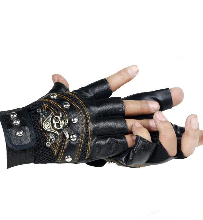 Jewelry Punk Skulls Rivet PU Leather Gloves Size ONE SIZE - 2 Thumbnail