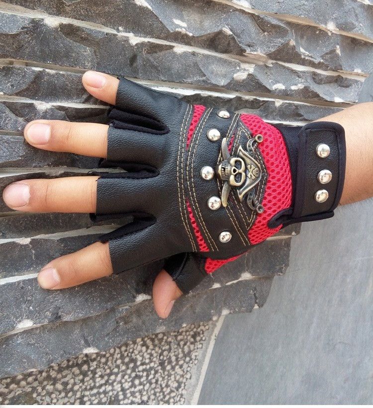 Jewelry Punk Skulls Rivet PU Leather Gloves Size ONE SIZE - 1 Thumbnail