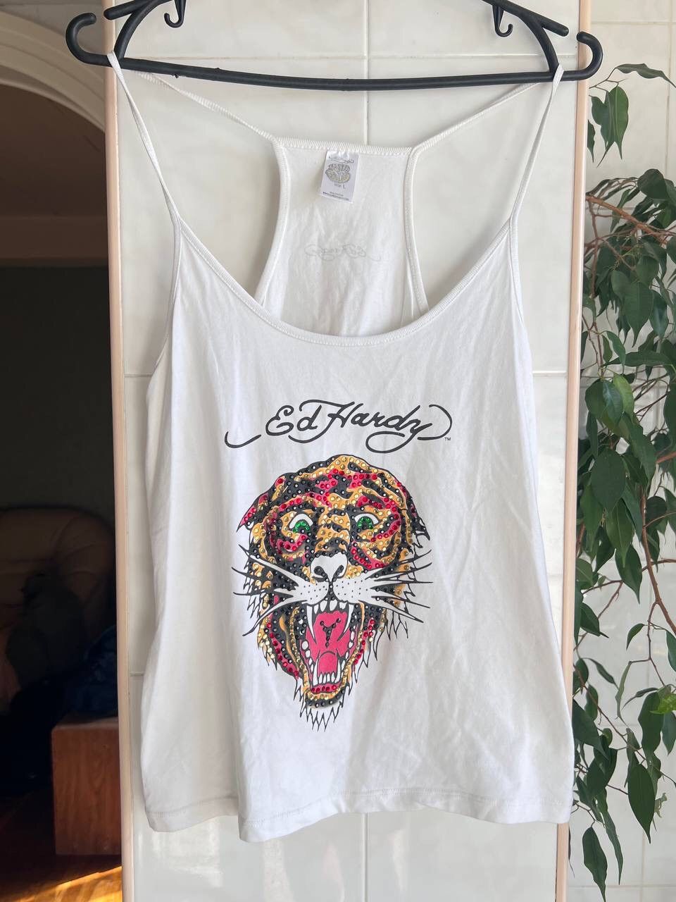 Woman Vintage Ed Hardy Tank Top Tiger rhinestone logo y2k