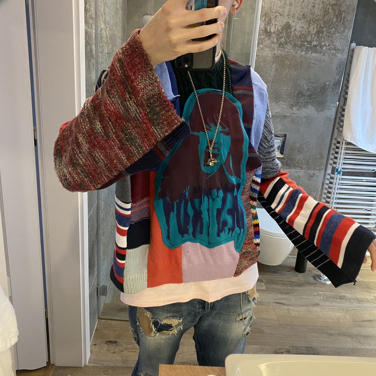 Japanese Brand Grail PUNK SICK 1 of 1 Drip Drill Sweater patchwork Size US L / EU 52-54 / 3 - 1 Thumbnail