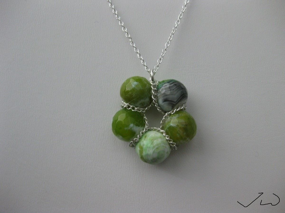 Handmade × Jewelry × Vintage Green Agate Beads Necklace with Chain Size ONE SIZE - 3 Thumbnail