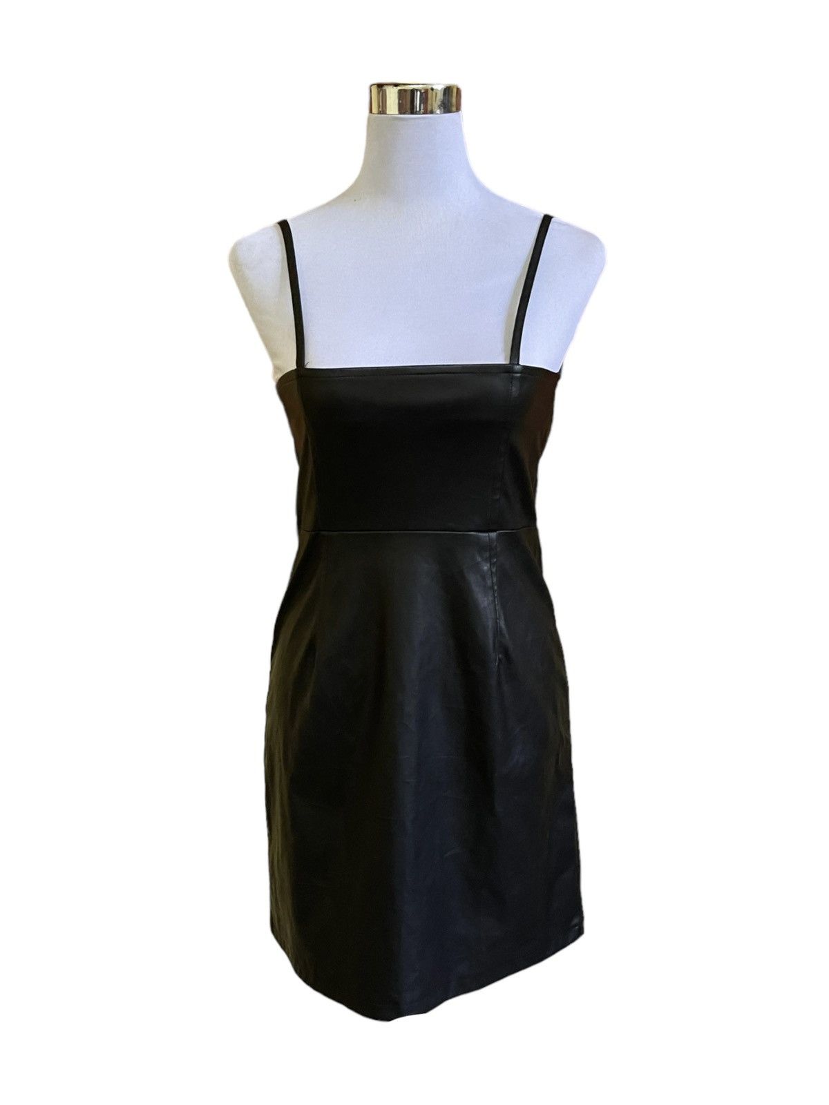 GU Plain Synthetic Leather Sleeveless Midi Dress