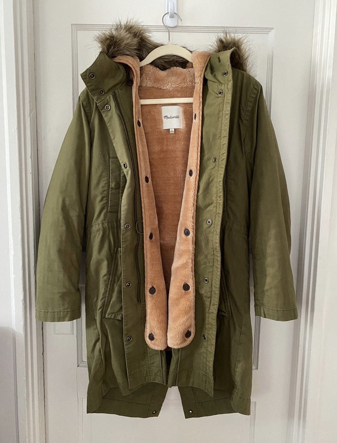 Madewell Fur Lined Parka Fishtail Womens Olive Small