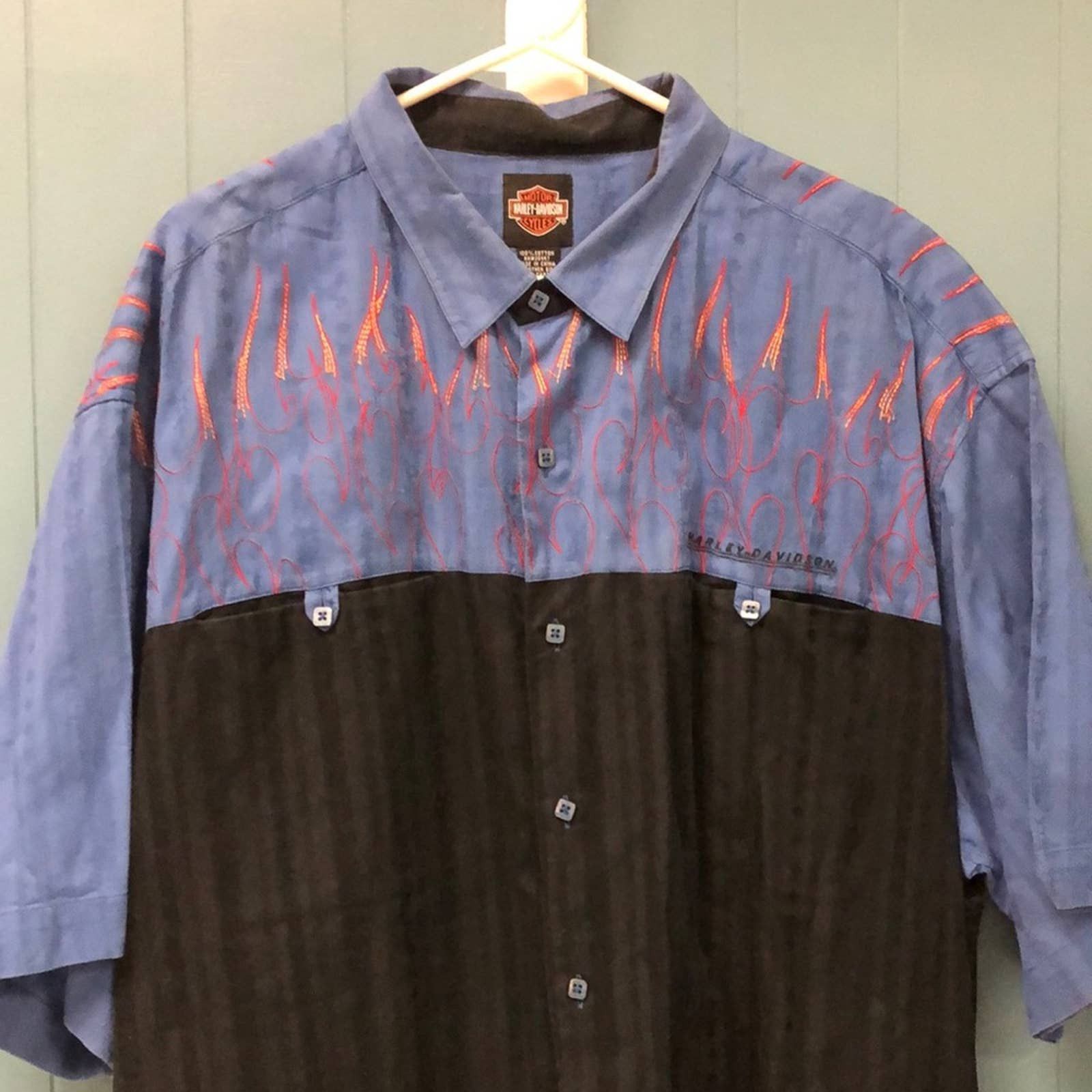 Harley-Davidson two tone button down with embroidered flames