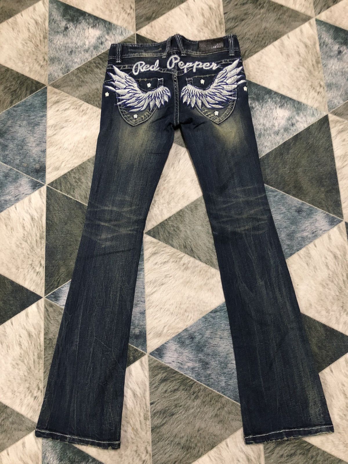 Distressed Denim Red Pepper Acidwash Wings Jeans #cw21