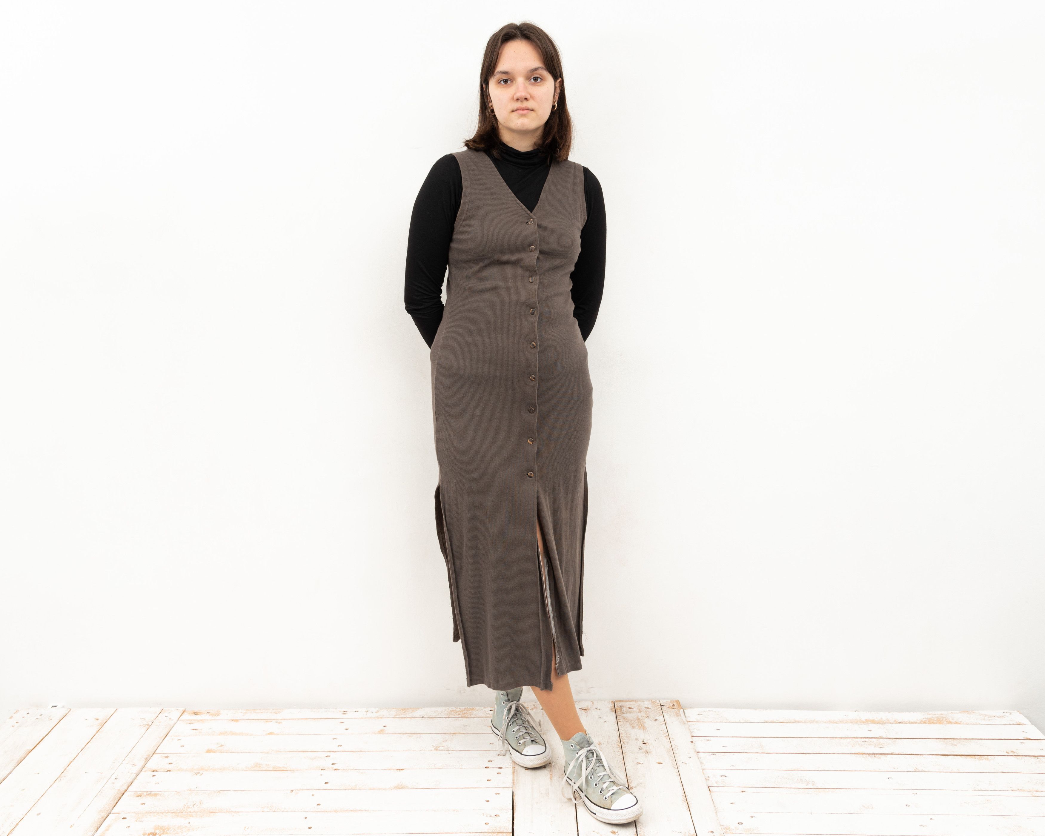 Vintage Maxi Dress Bodycon Stretchy Sleeveless Button Fitted V-Neck Size M / US 6-8 / IT 42-44 - 1 Thumbnail