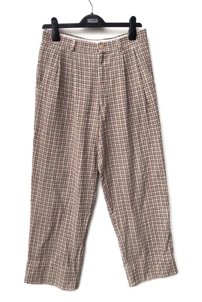 image of Kensho Abe Japanese Designer Checked Retro Casual Pants in Cream, Men's (Size 28)