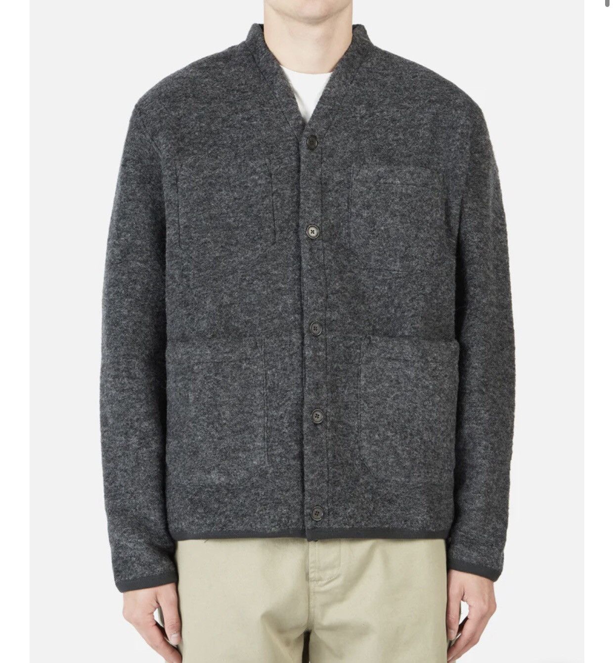 Universal Works Cardigan In Charcoal Wool Fleece