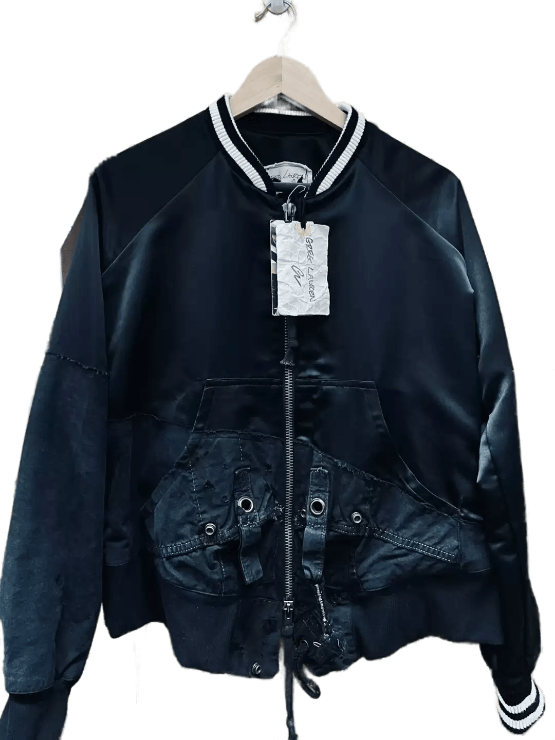 Greg Lauren Black patchwork satin patchwork baseball jacket