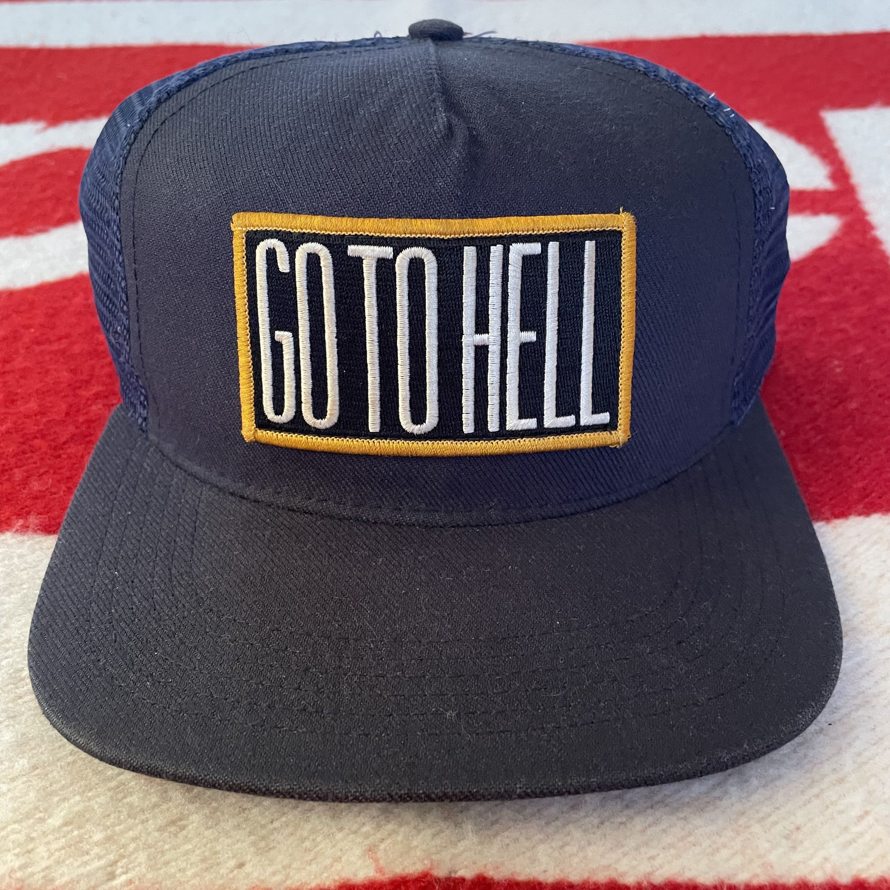 image of Supreme Go To Hell 5 Panel Trucker Snapback Hat Cap in Navy, Men's