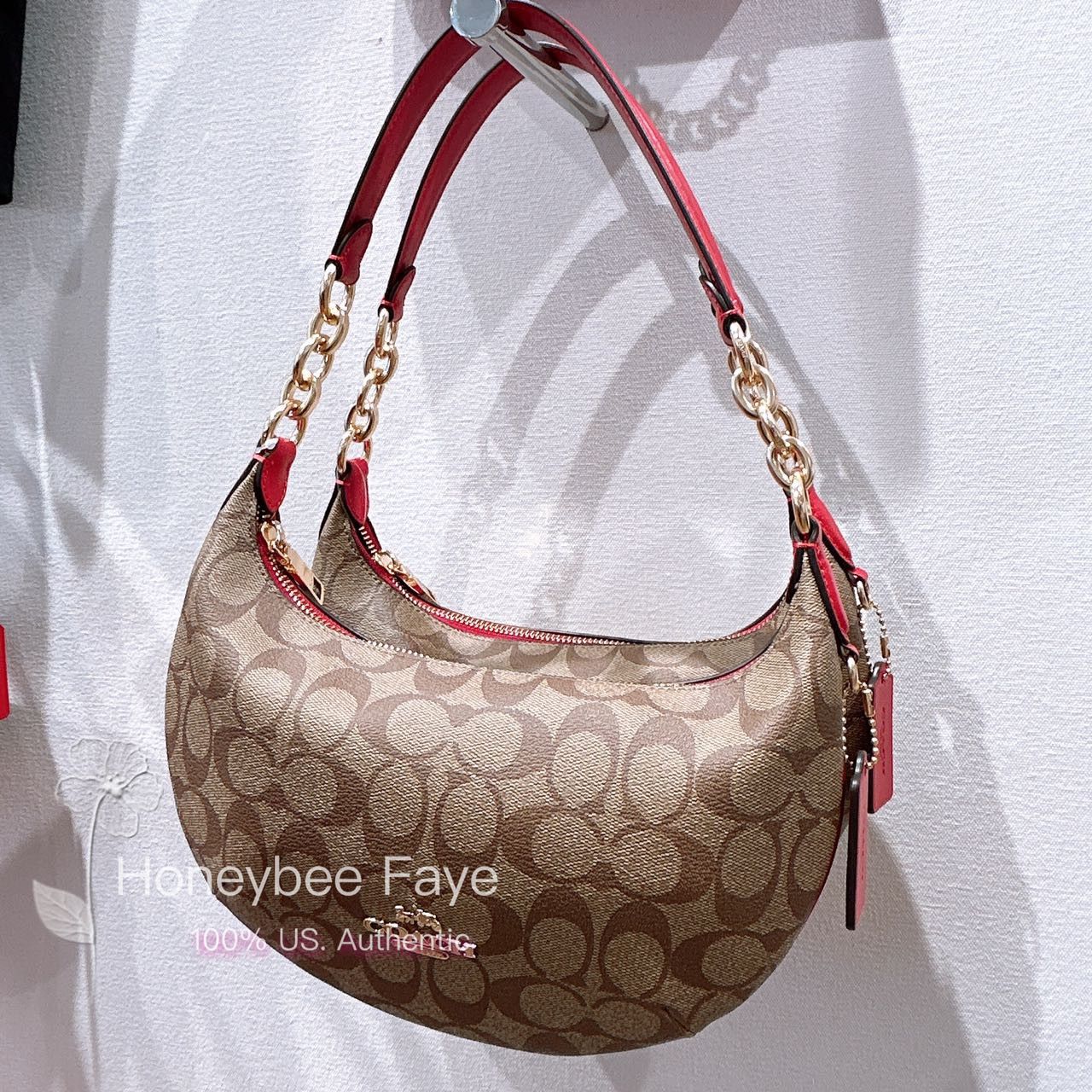 Coach Payton Small Khaki Red Signature Hobo Shoulder Bag