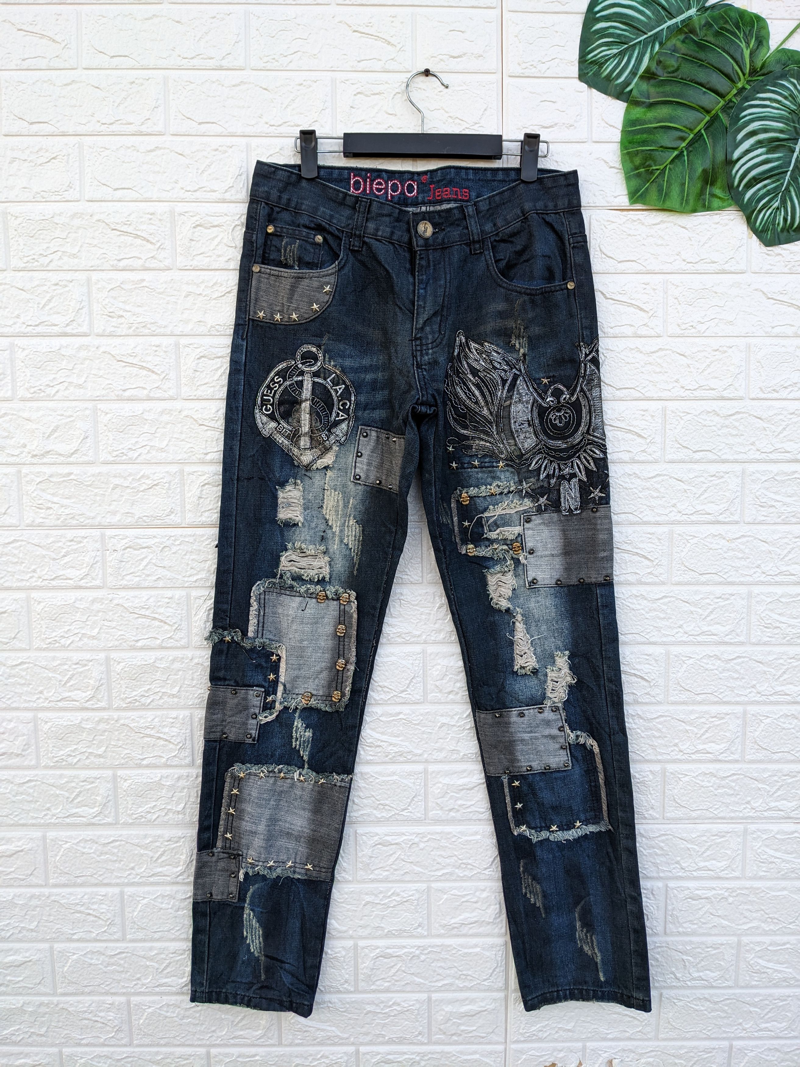 image of Distressed Denim x Seditionaries Saditionaries Patchwork Studded Punk Style Pants in Blue Denim (Si