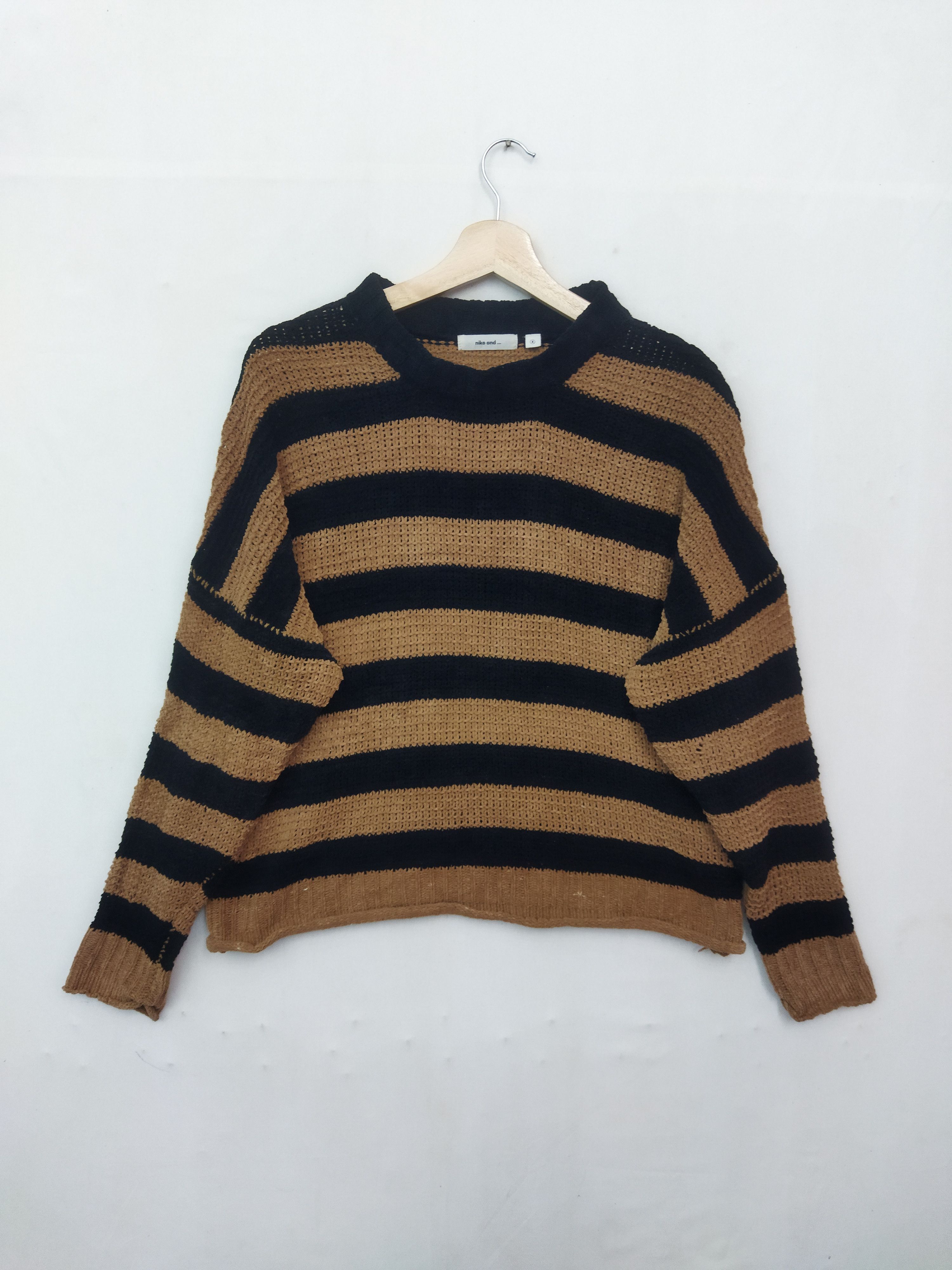 image of Aran Isles Knitwear x Coloured Cable Knit Sweater Niko And Knitwear Stripe Black Brown Handknit Swe