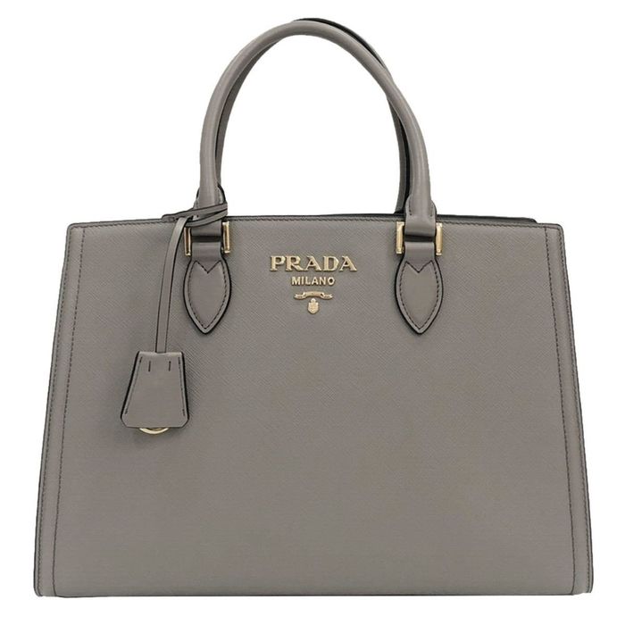 New Prada Argilla Gray Saffiano Lux Leather Large Satchel Handbag