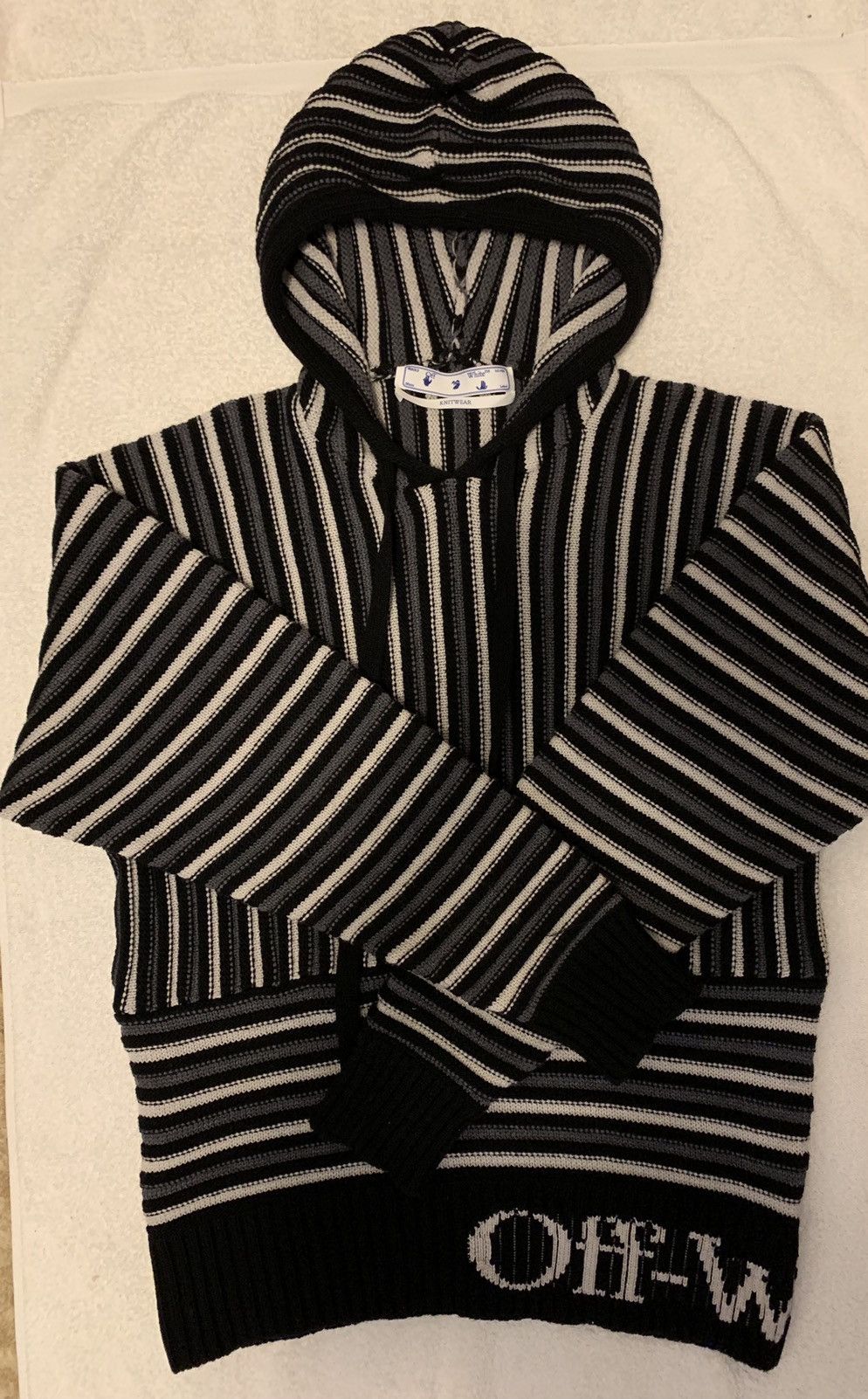 image of Off White striped Knitted Wool Hoodie in Black/White, Men's (Size Medium)