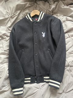 PRE OWNED SUPREME X PLAYBOY BLACK VARSITY JACKET SZ S 2011 RARE