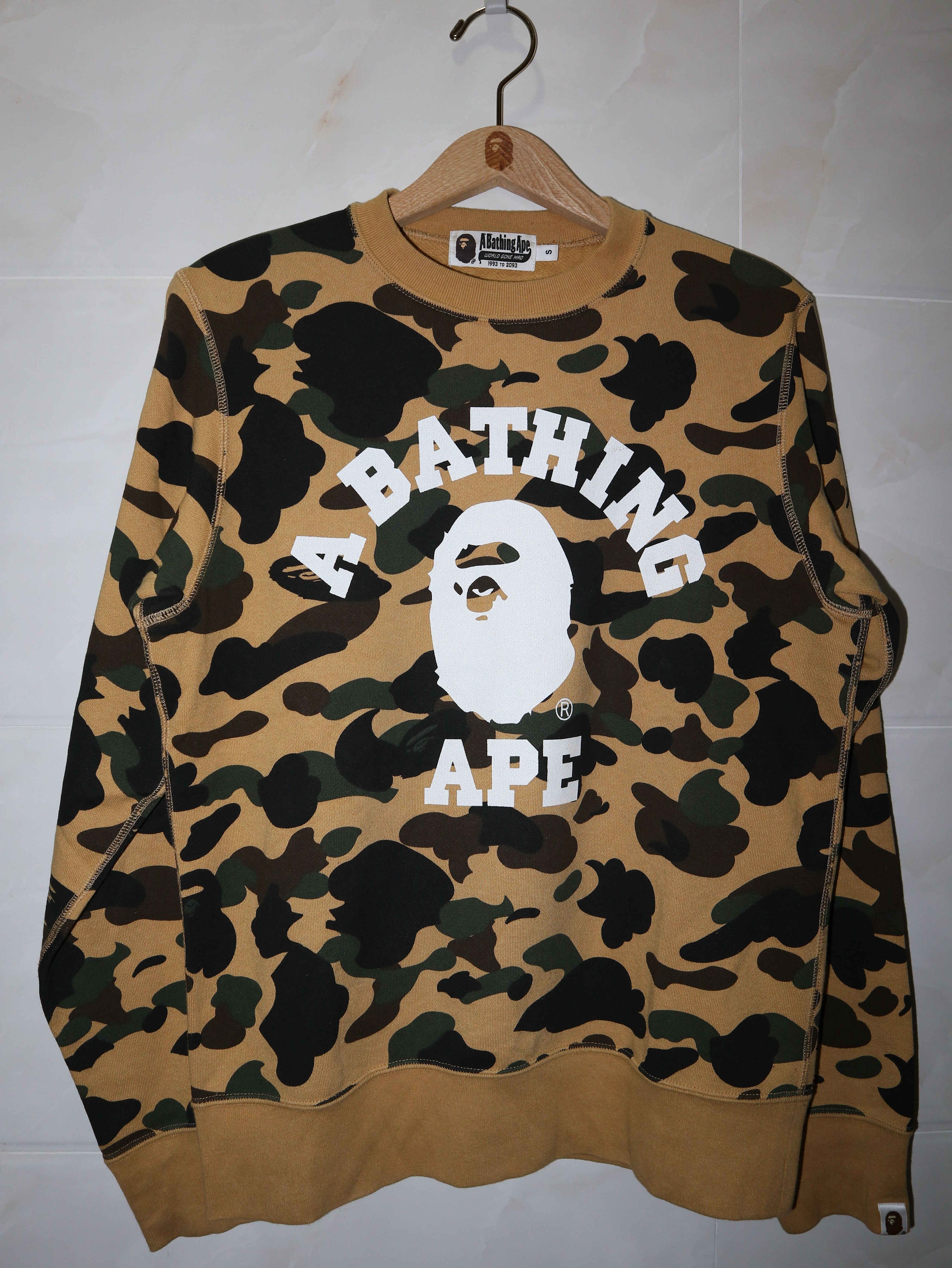 image of Bape 1St Camo College Crewneck in Yellow, Men's (Size Small)