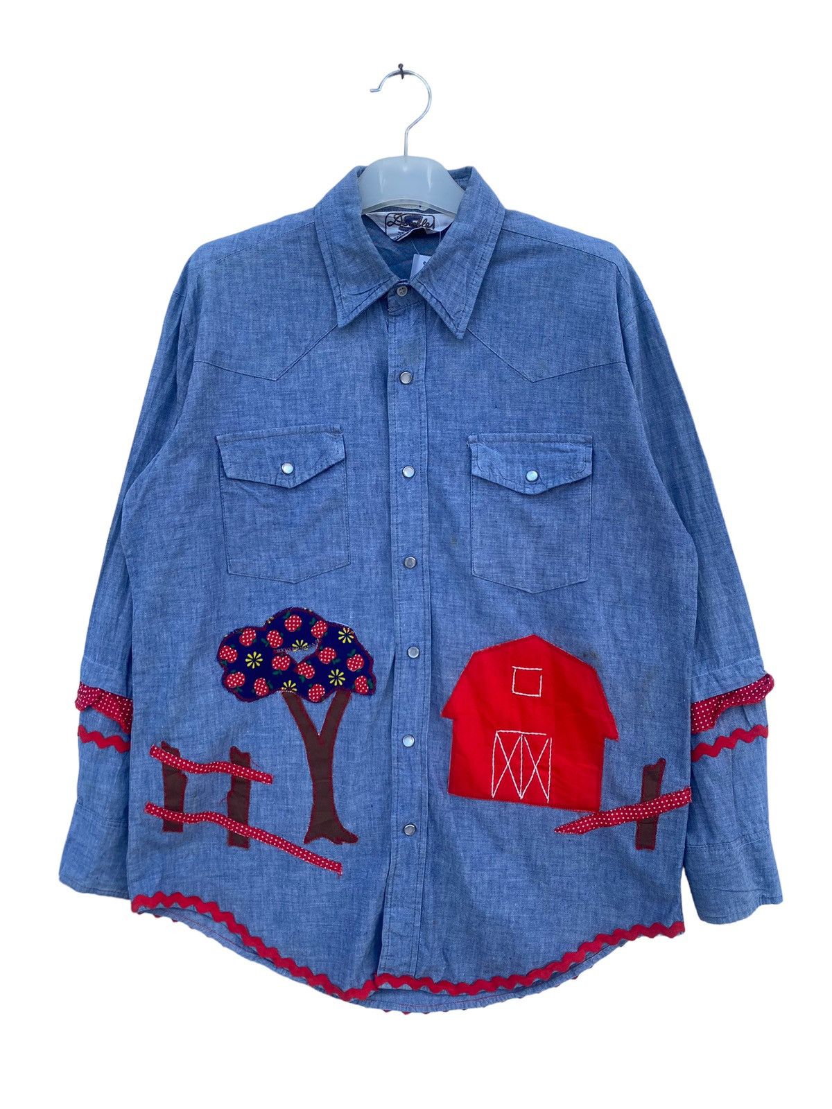 Japanese Brand Vintage 70s/80s Chambray Patchwork Shirt Size US L / EU 52-54 / 3 - 1 Thumbnail