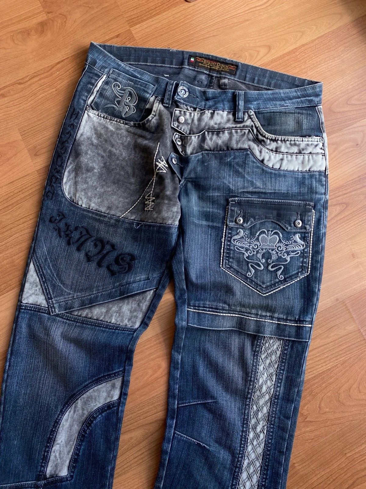 Vintage Ed Hardy Style Embroidered Logos Denim Pants