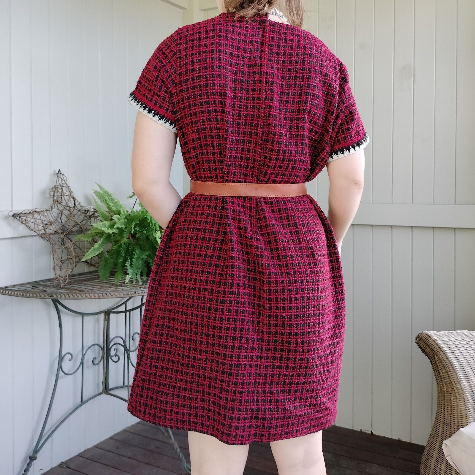 Designer Dorothy Perkins Dress Red Black Tweed Knit Mini Check Shift Size XXL / US 16-18 / IT 52-54 - 2 Thumbnail