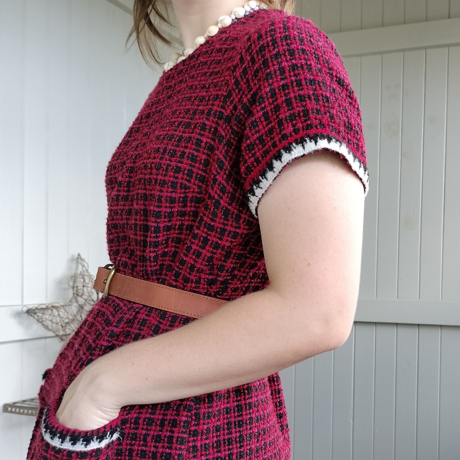 Designer Dorothy Perkins Dress Red Black Tweed Knit Mini Check Shift Size XXL / US 16-18 / IT 52-54 - 6 Thumbnail